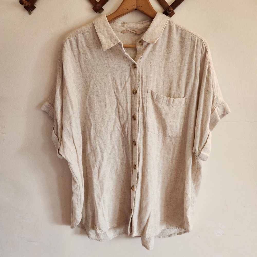 Soft Surrounds Beige Linen Button-Up Short Sleeve Shirt Cream 1x